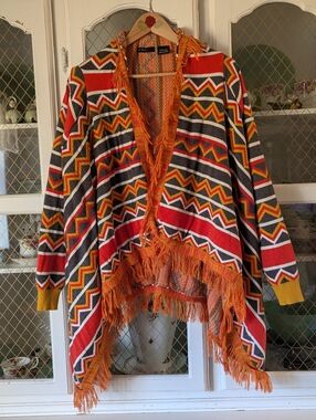 Boho Fringe Open-Front Sweater Cardigan - Orange Multi ZigZag
